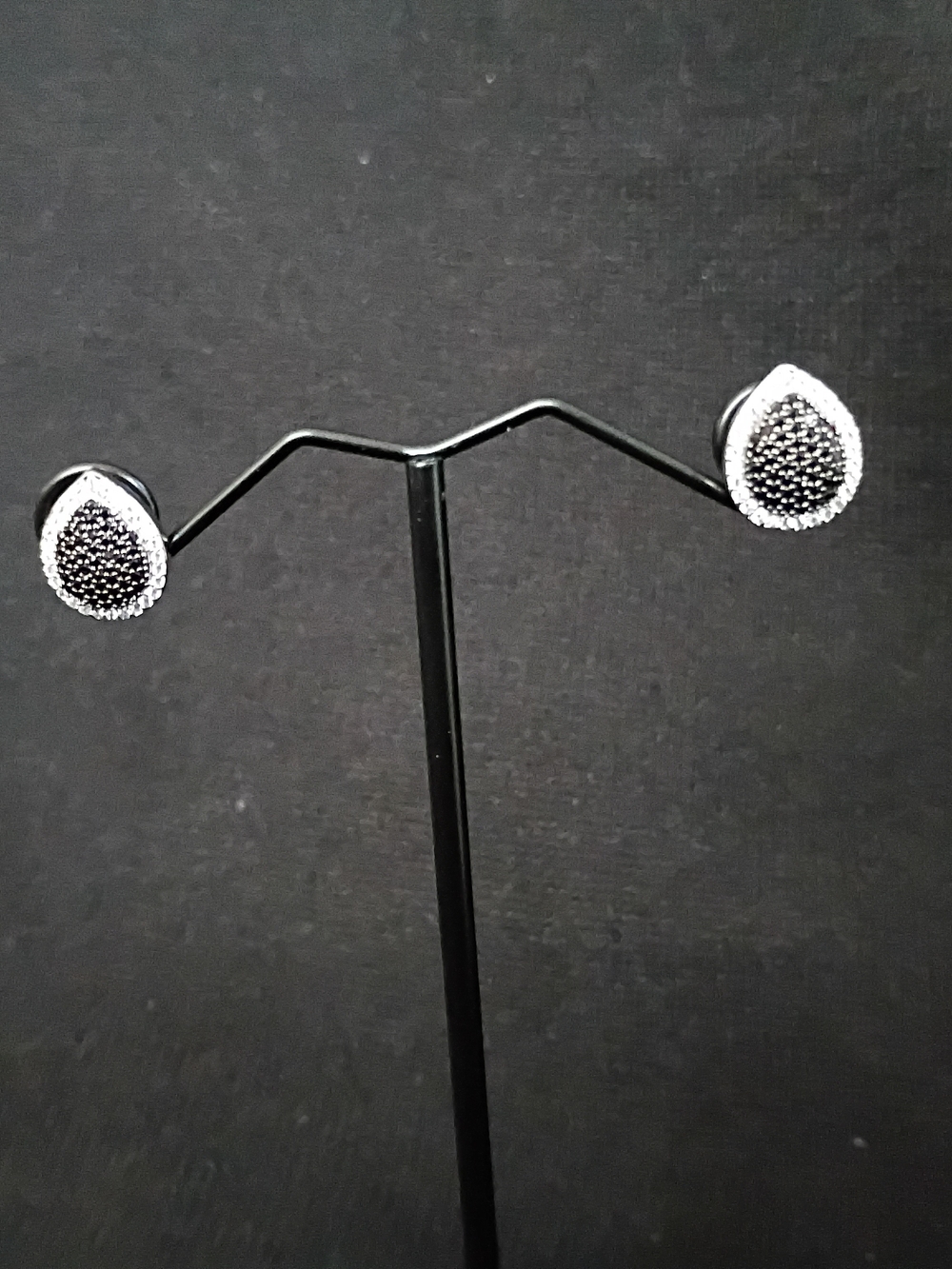 Silver Teardrop Black Crystal Stud Earrings